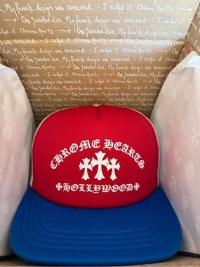 Chrome Hearts Red and Blue Trucker Cap with White Logo